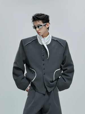 Collarless Contrast-Trim Jacket | Relaxed Cropped Fit - Grey Top