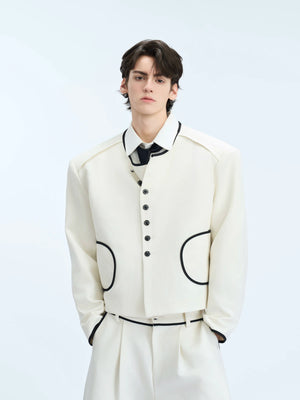 Collarless Contrast-Trim Jacket | Relaxed Cropped Fit - White Top