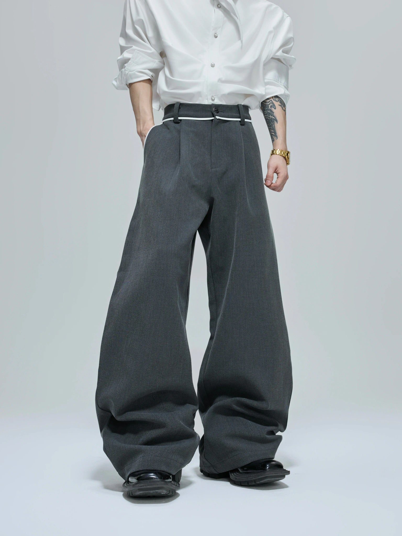 Collarless Contrast-Trim Jacket | Relaxed Cropped Fit - Grey Pants