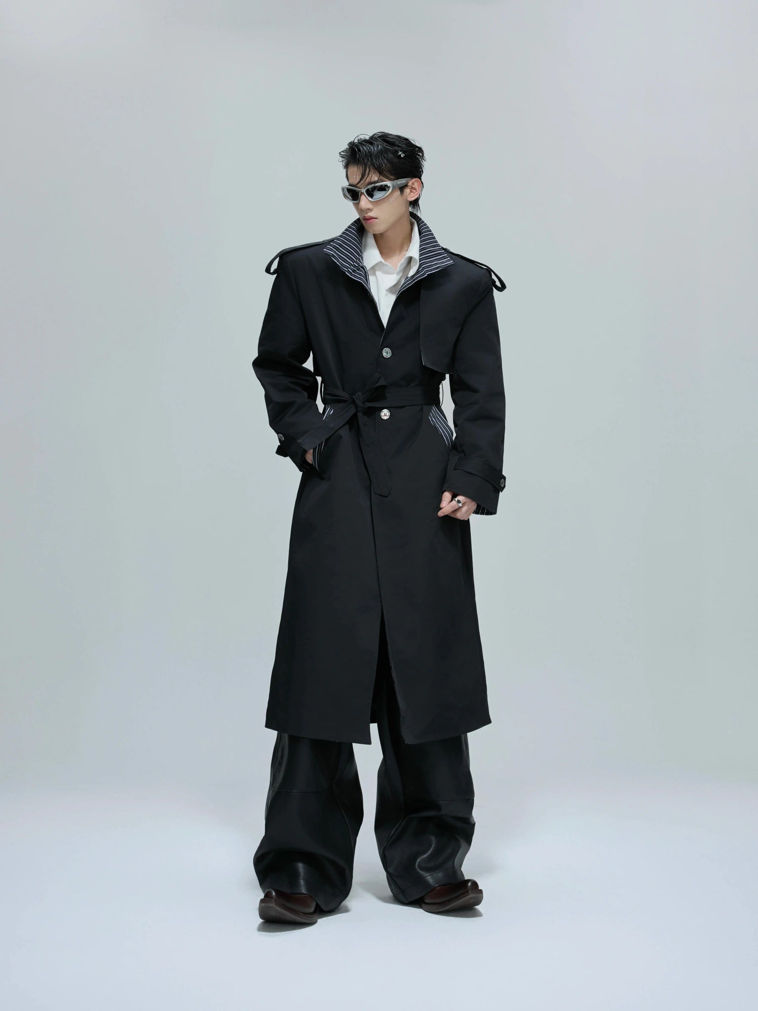 Unisex Longline Stand-Collar Patchwork Trench Coat - main image 1