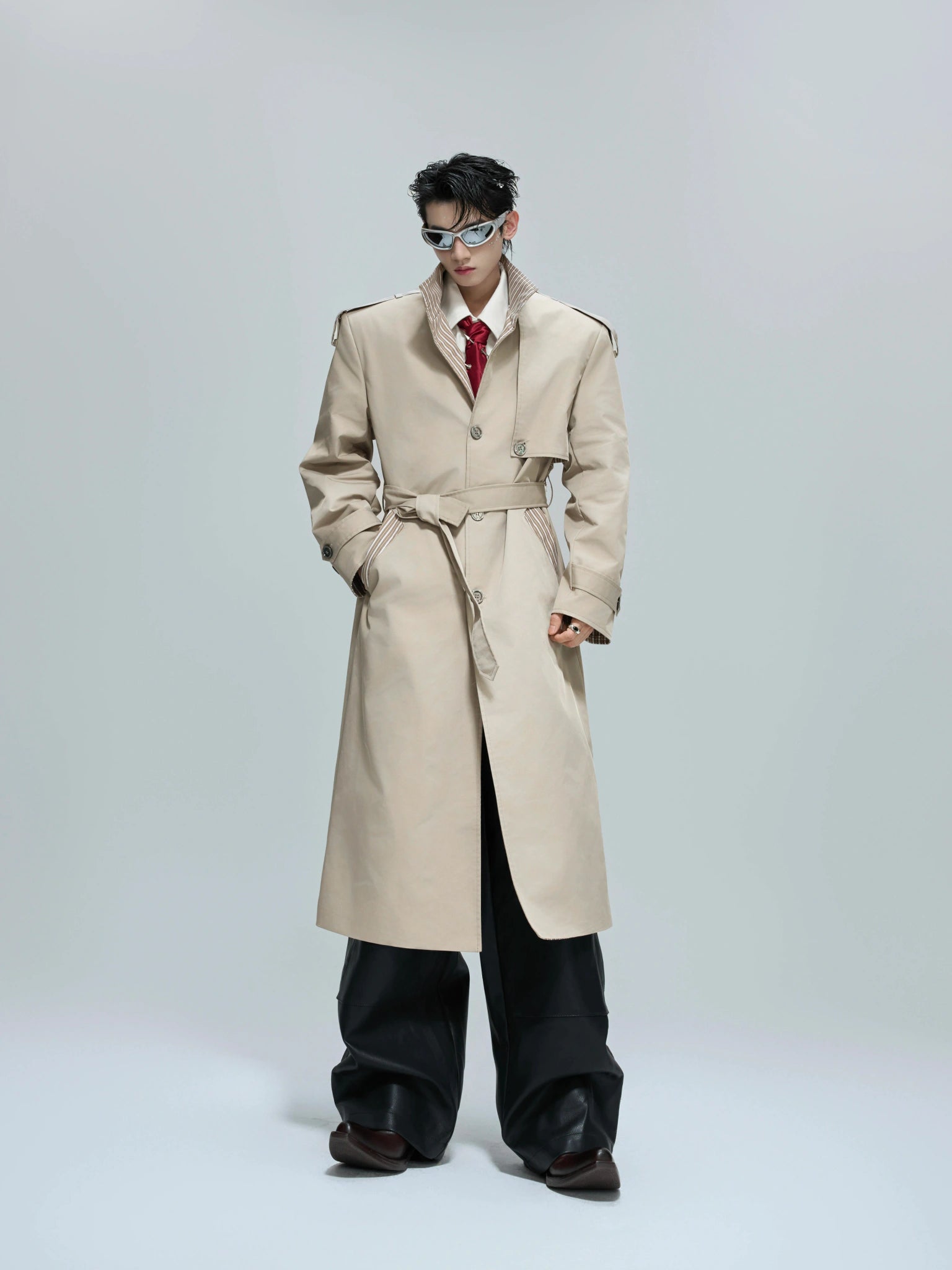 Unisex Longline Stand-Collar Patchwork Trench Coat - main image 2