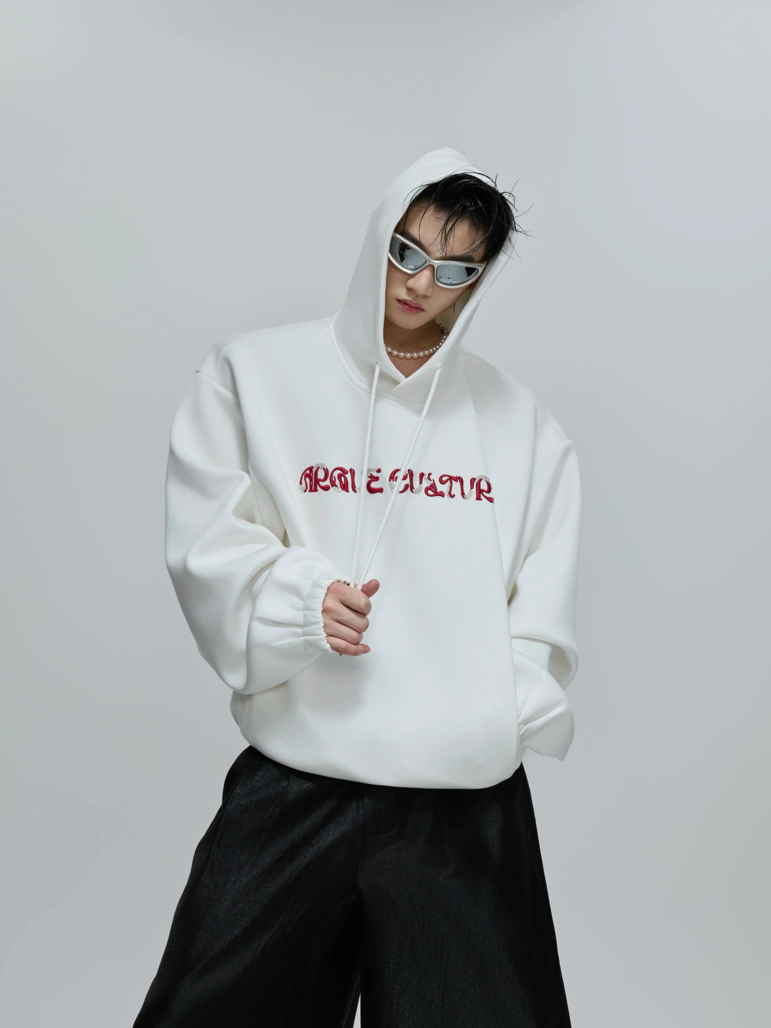 Beaded Embroidered Oversized Hoodie | Argue Culture - White Top