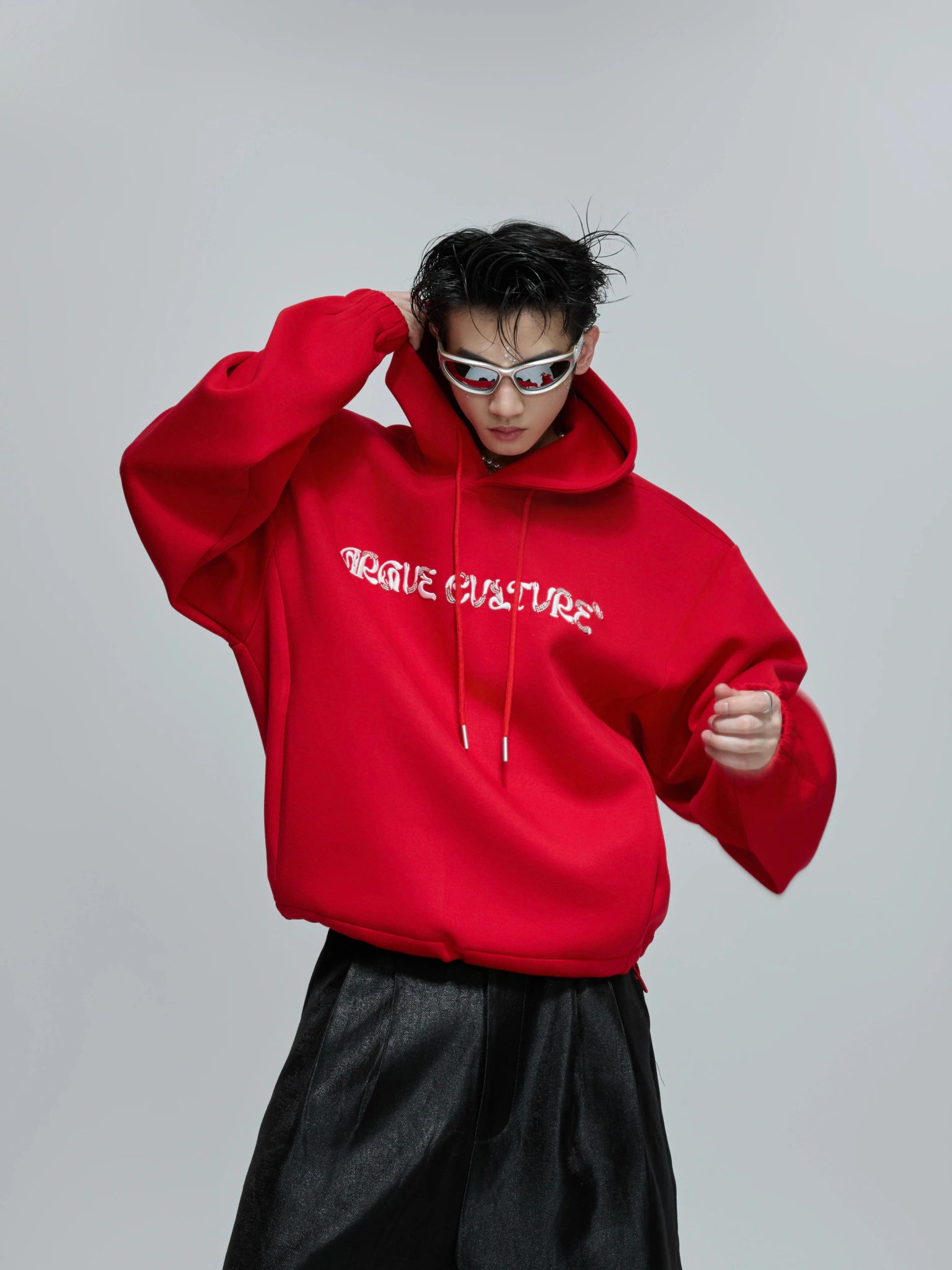 Beaded Embroidered Oversized Hoodie | Argue Culture - Red Top