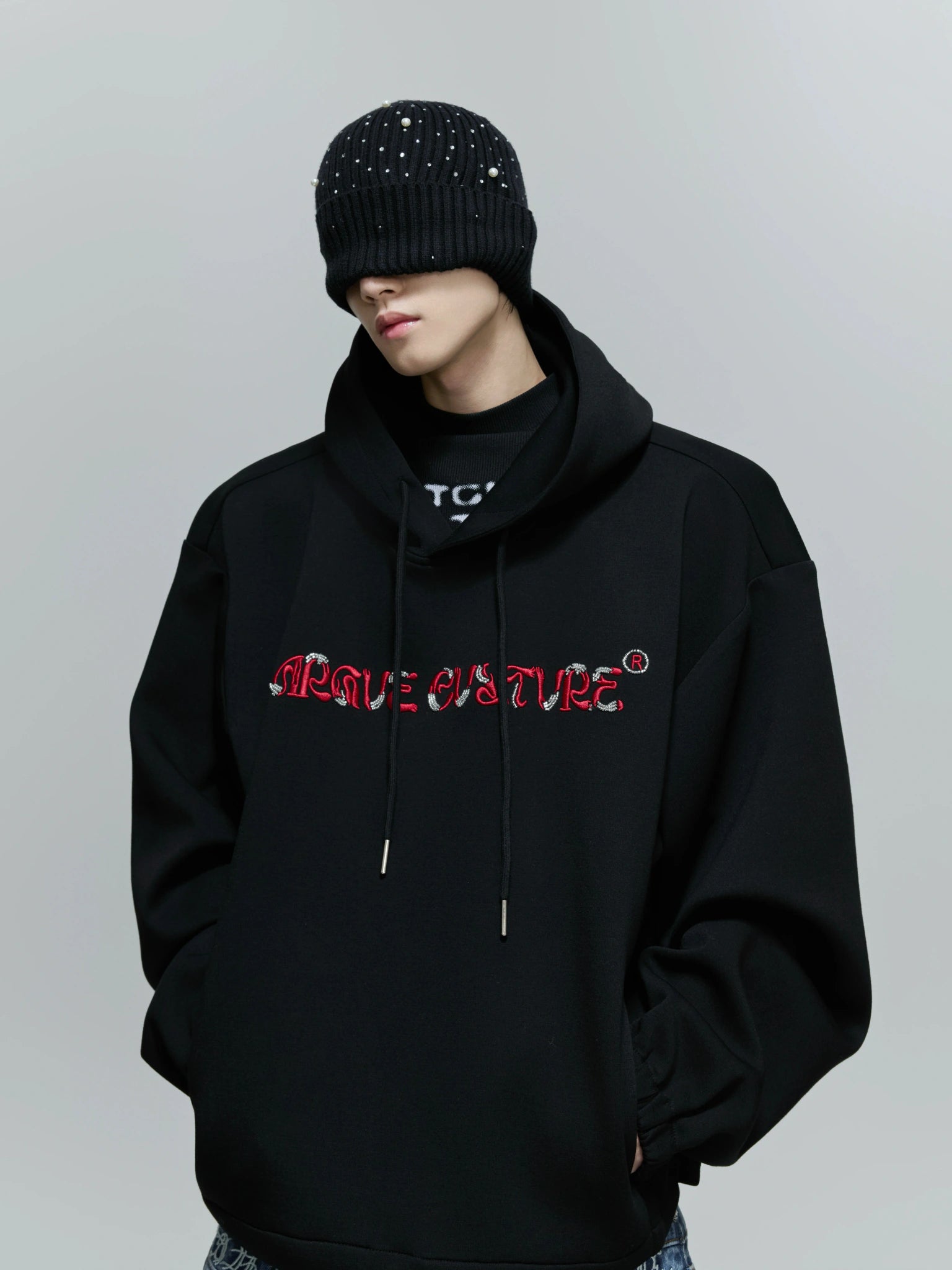 Beaded Embroidered Oversized Hoodie | Argue Culture - Black Top