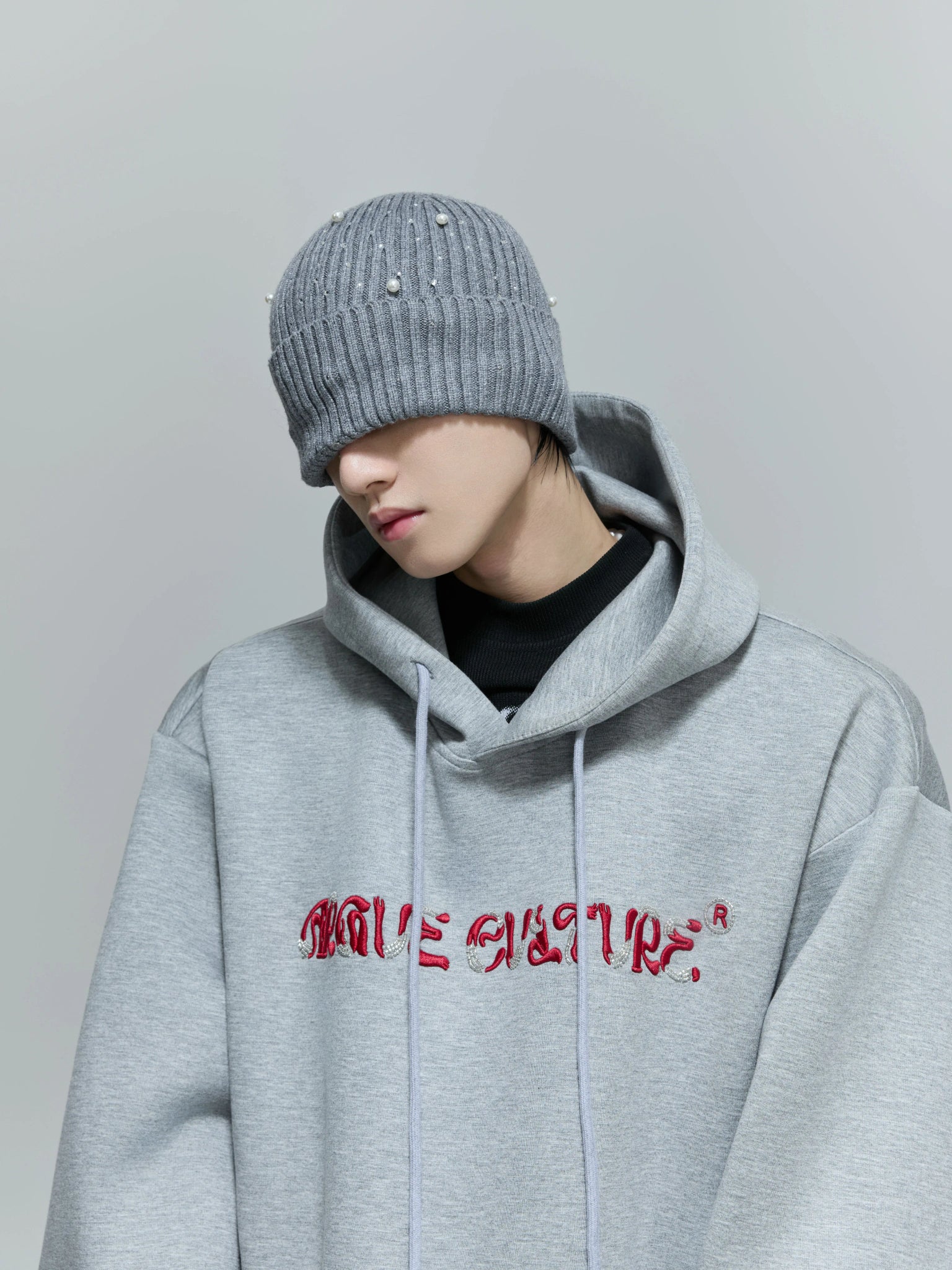 Beaded Embroidered Oversized Hoodie | Argue Culture - Gray Top