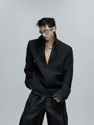 Cotton Striped Relaxed Blazer with Shoulder Pads - main image 2