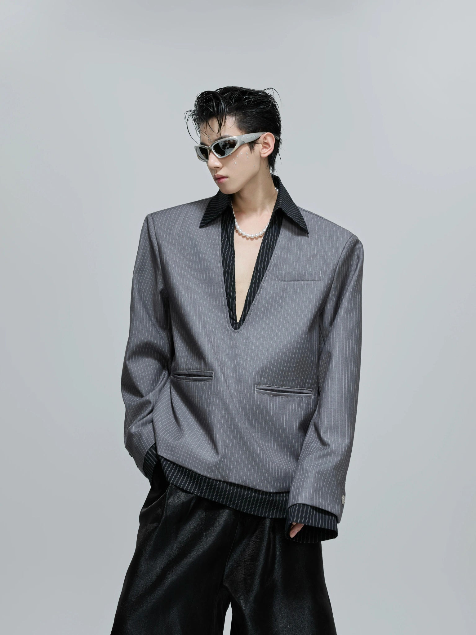 Cotton Striped Relaxed Blazer with Shoulder Pads - main image 3