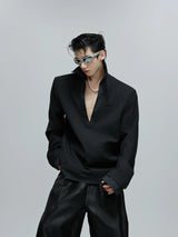Cotton Striped Relaxed Blazer with Shoulder Pads - Black Top