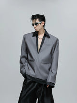 Cotton Striped Relaxed Blazer with Shoulder Pads - Gray Top