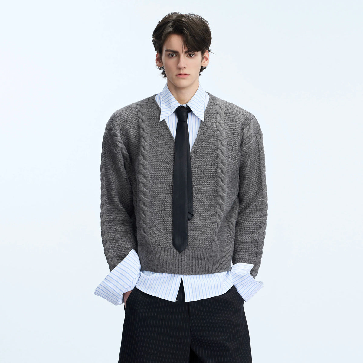 Relaxed Cable-Knit Faux-Layer Sweater | Unisex - main image 3