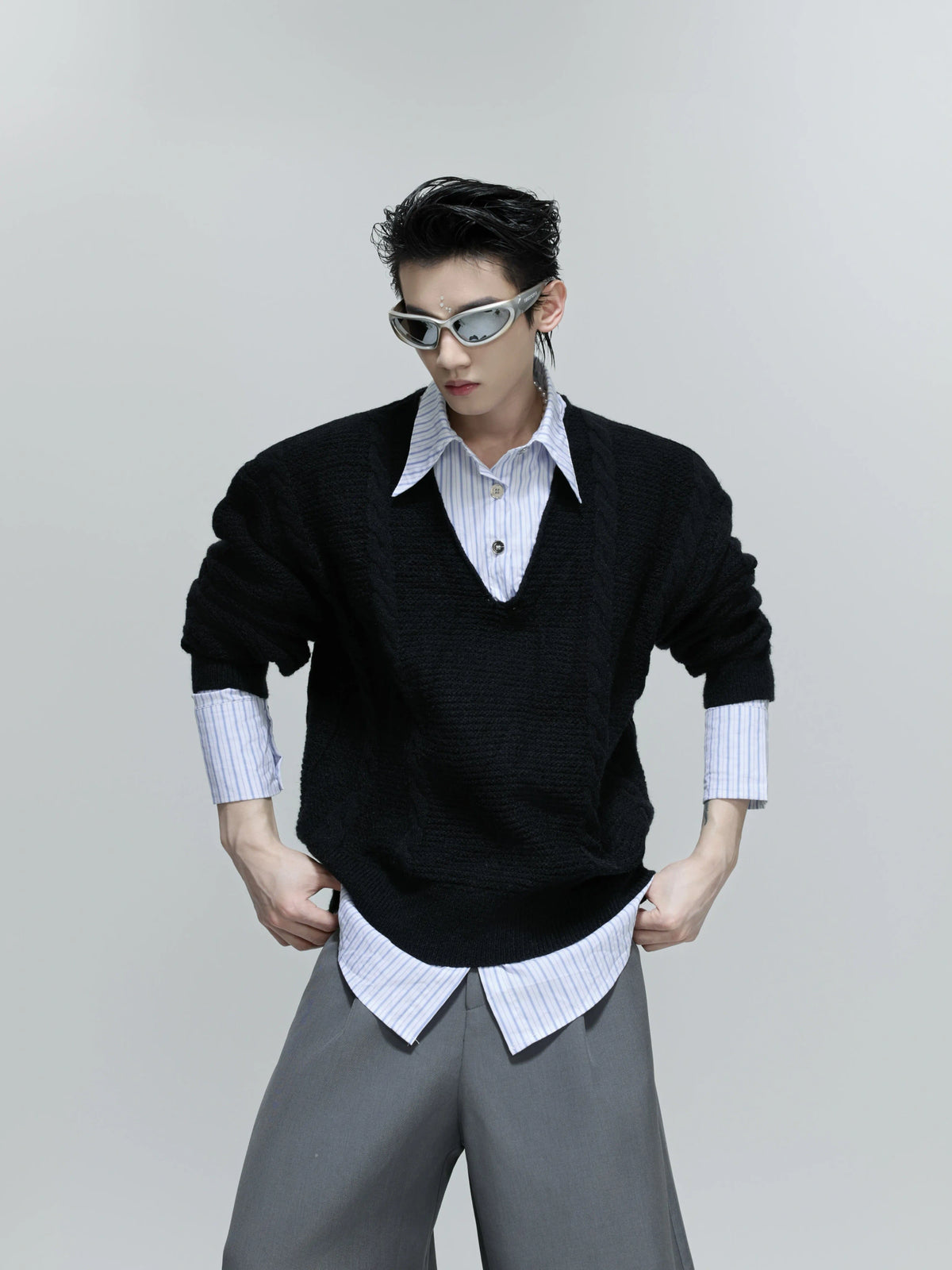 Relaxed Cable-Knit Faux-Layer Sweater | Unisex - Mist Black Top