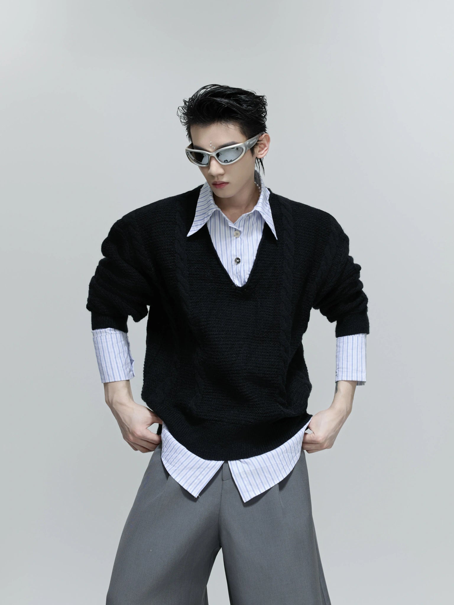 Relaxed Cable-Knit Faux-Layer Sweater | Unisex - Mist Black Top