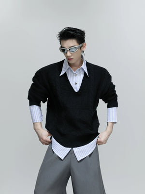Relaxed Cable-Knit Faux-Layer Sweater | Unisex - Mist Black Top