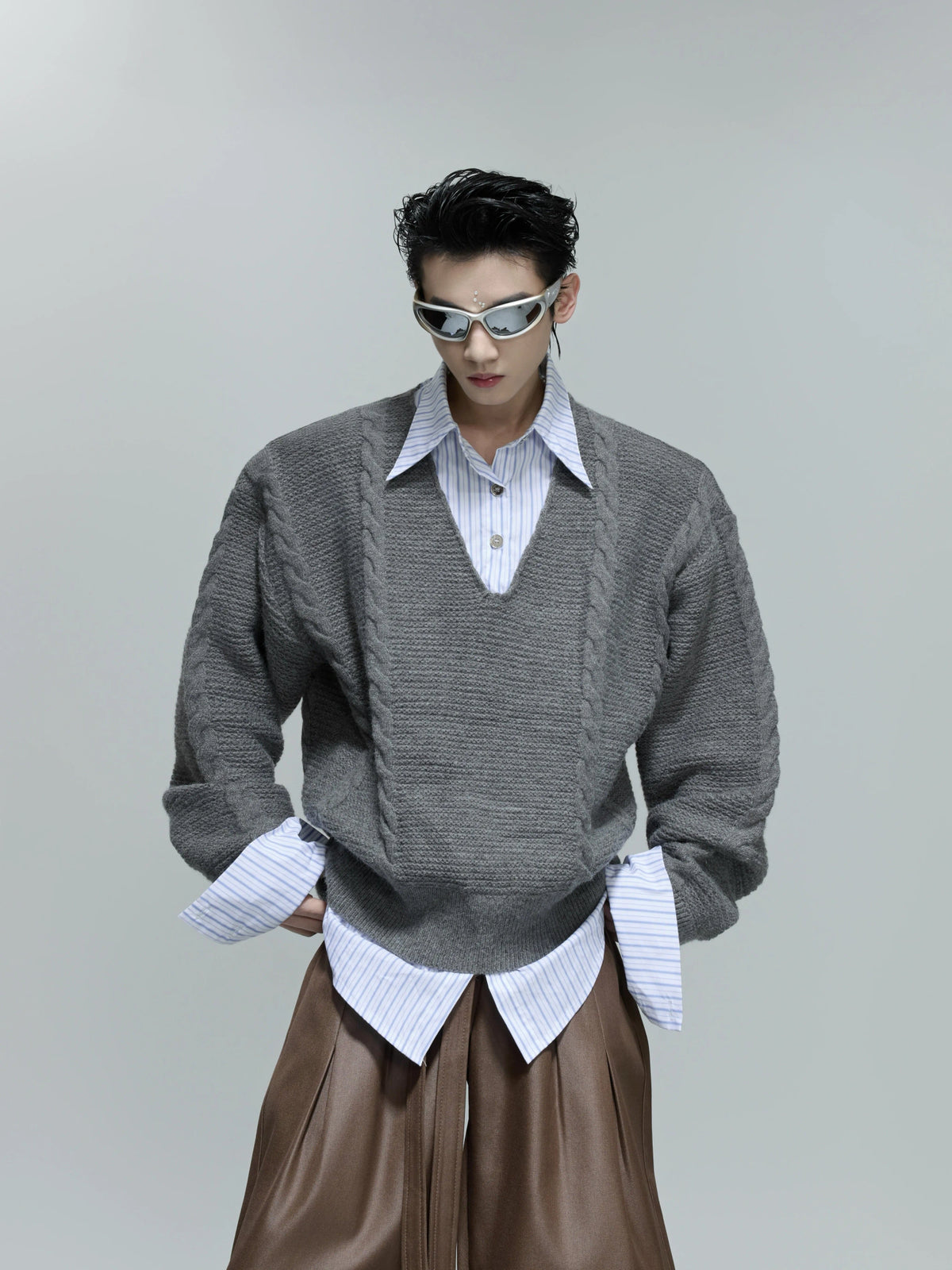 Relaxed Cable-Knit Faux-Layer Sweater | Unisex - Mist Gray Top