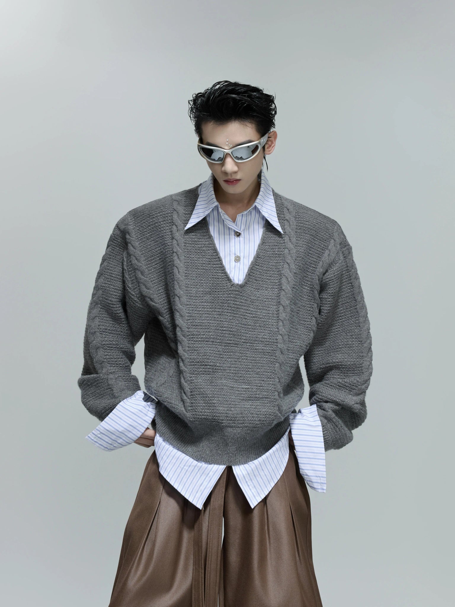Relaxed Cable-Knit Faux-Layer Sweater | Unisex - Mist Gray Top
