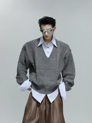 Relaxed Cable-Knit Faux-Layer Sweater | Unisex - Mist Gray Top