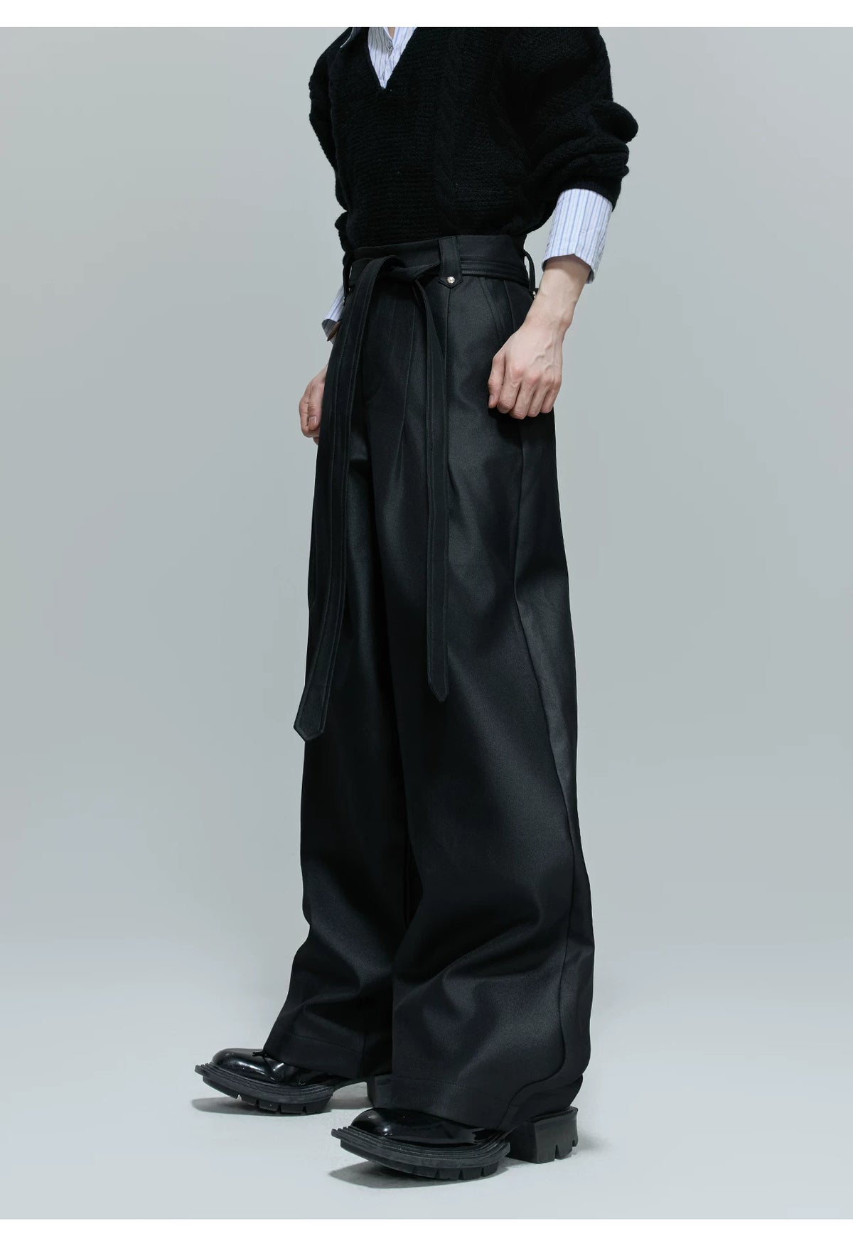 Pleated Cotton-Blend Tie-Waist Straight-Leg Trousers - description image 5
