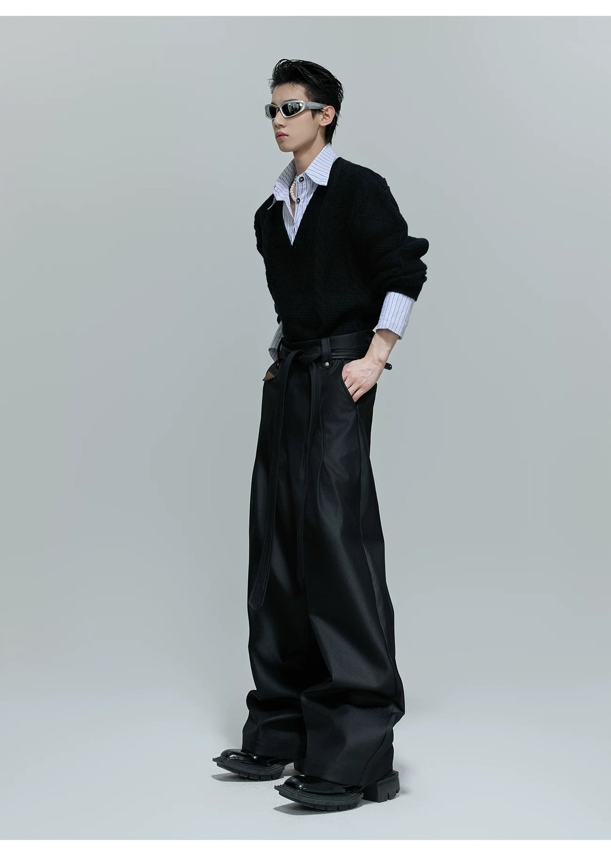 Pleated Cotton-Blend Tie-Waist Straight-Leg Trousers - description image 9