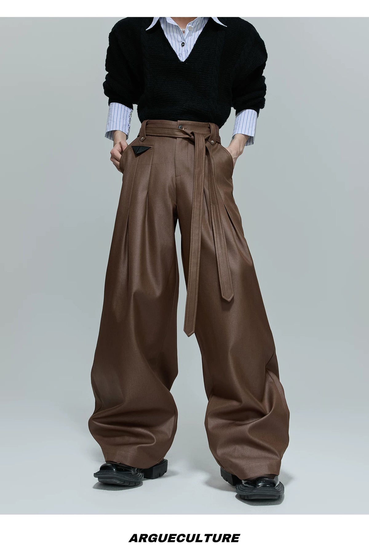 Pleated Cotton-Blend Tie-Waist Straight-Leg Trousers - description image 12