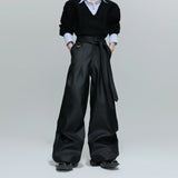 Pleated Cotton-Blend Tie-Waist Straight-Leg Trousers - Gray