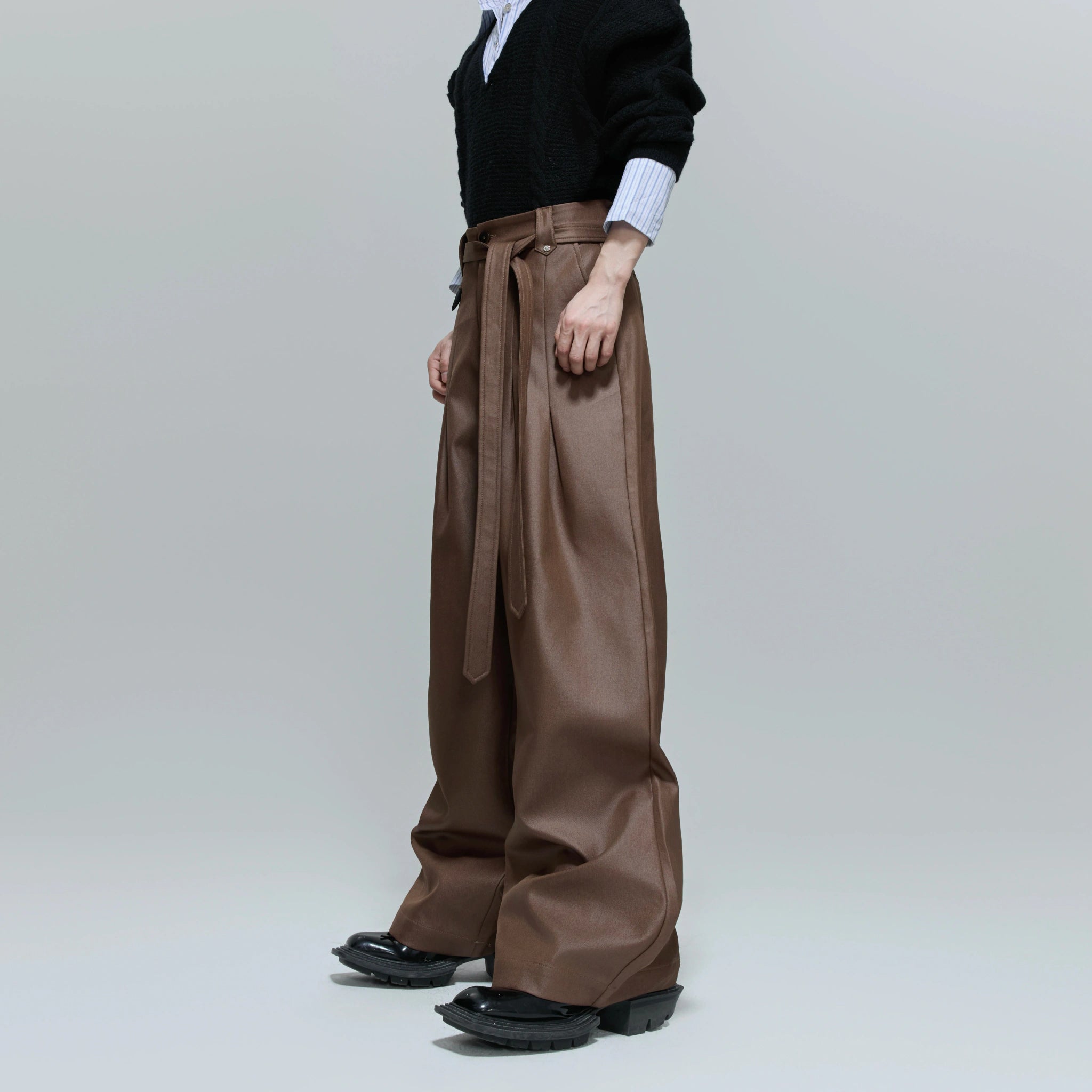 Pleated Cotton-Blend Tie-Waist Straight-Leg Trousers - Brown