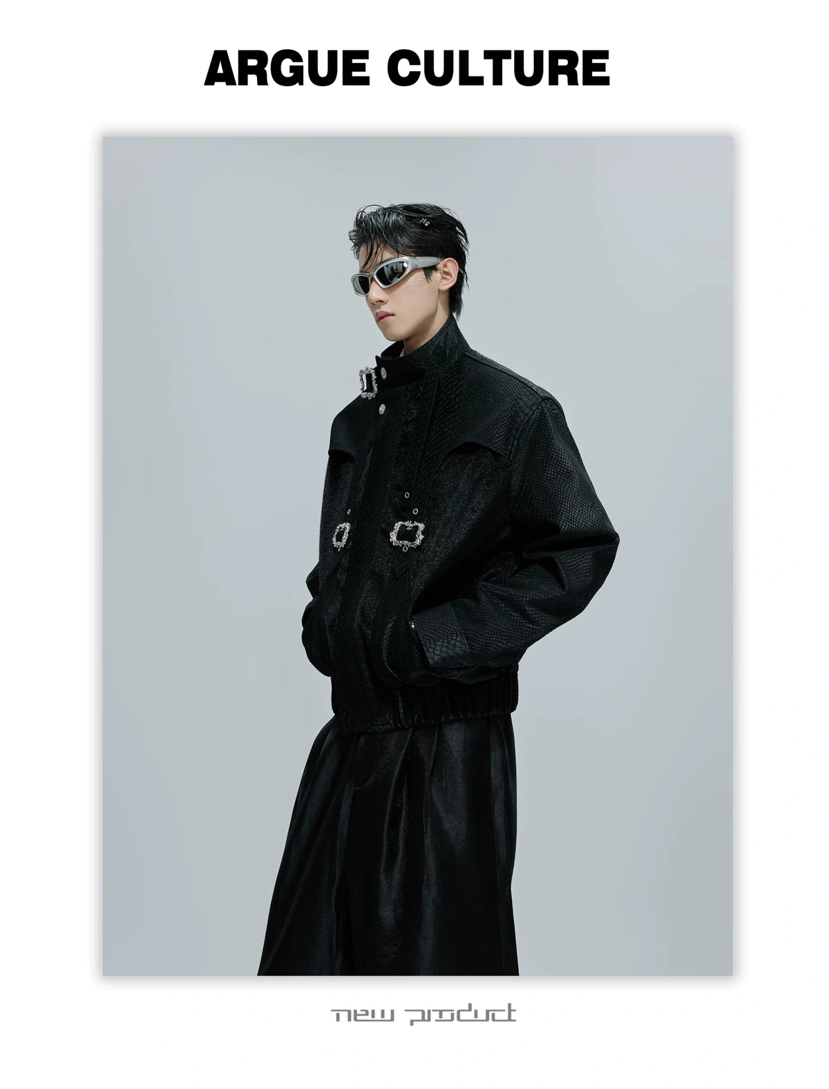 Croc-Texture Cropped Faux-Leather Jacket | Relaxed Fit - description image 1