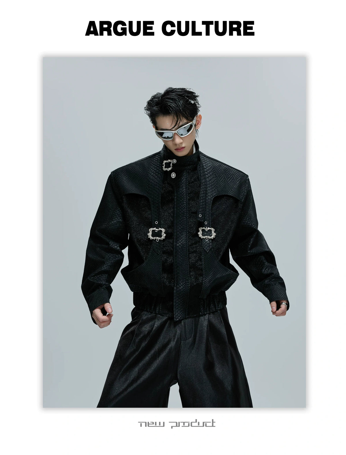 Croc-Texture Cropped Faux-Leather Jacket | Relaxed Fit - description image 10