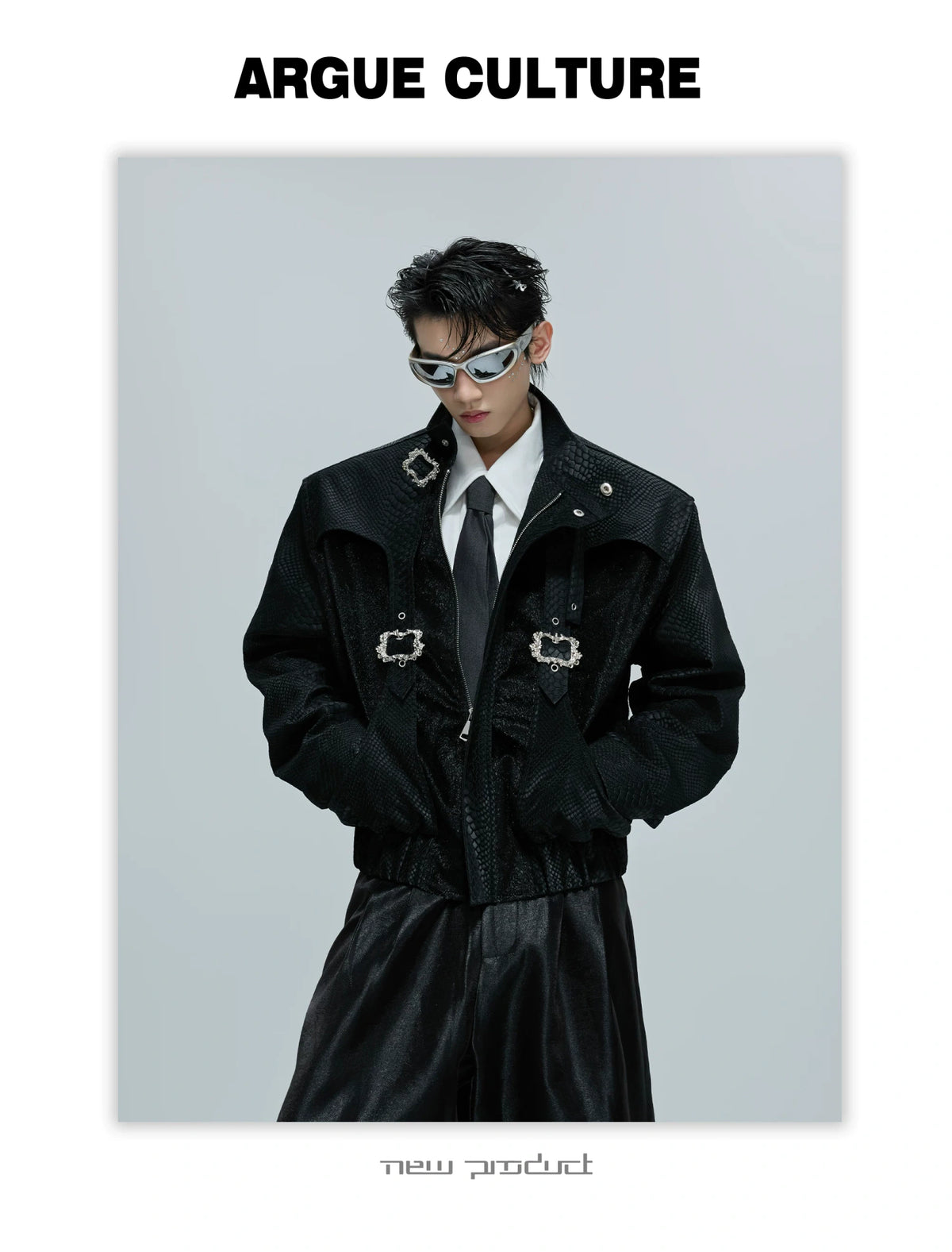 Croc-Texture Cropped Faux-Leather Jacket | Relaxed Fit - description image 14
