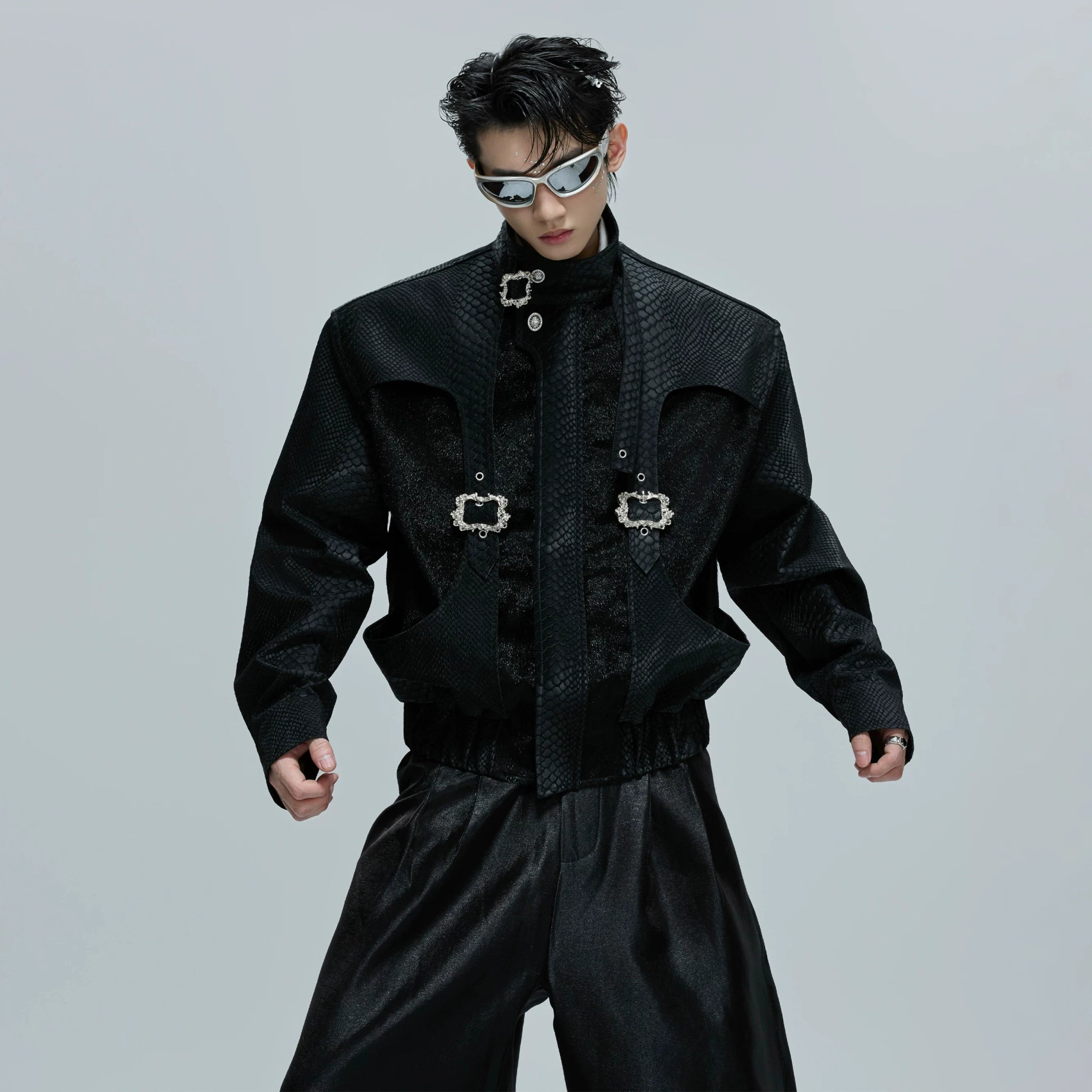 Croc-Texture Cropped Faux-Leather Jacket | Relaxed Fit - main image 1