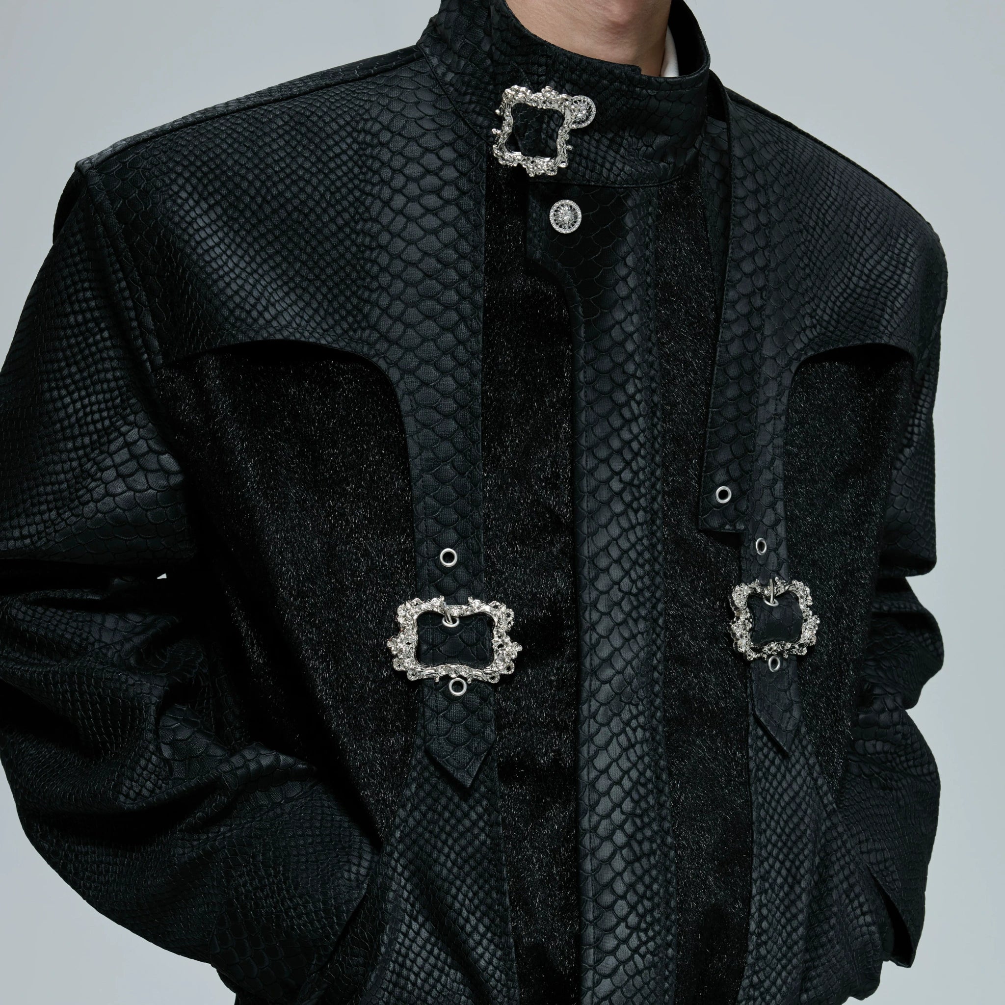 Croc-Texture Cropped Faux-Leather Jacket | Relaxed Fit - main image 3