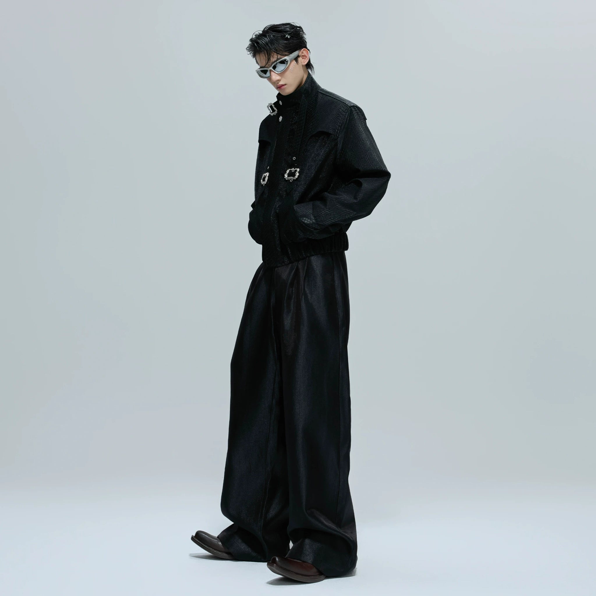 Croc-Texture Cropped Faux-Leather Jacket | Relaxed Fit - main image 4