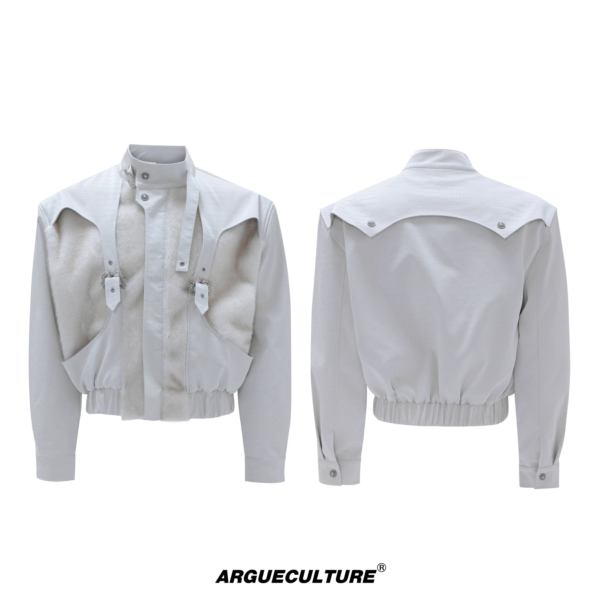 Croc-Texture Cropped Faux-Leather Jacket | Relaxed Fit - White