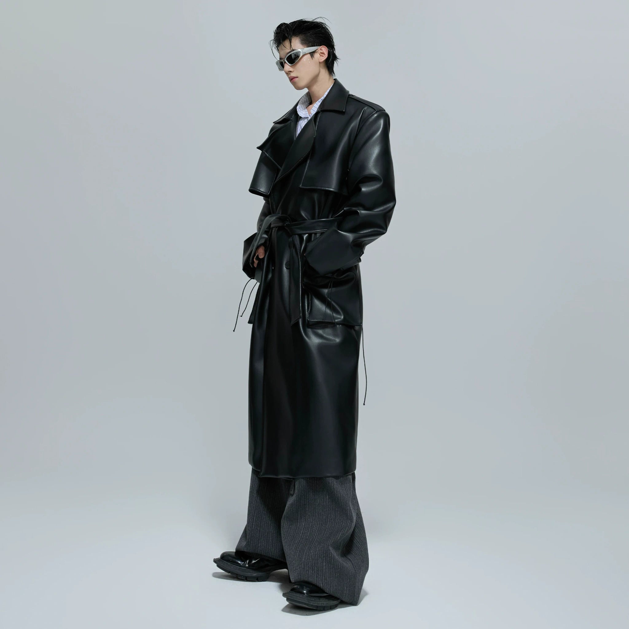 Black Deconstructed Faux Leather Trench Coat - main image 3