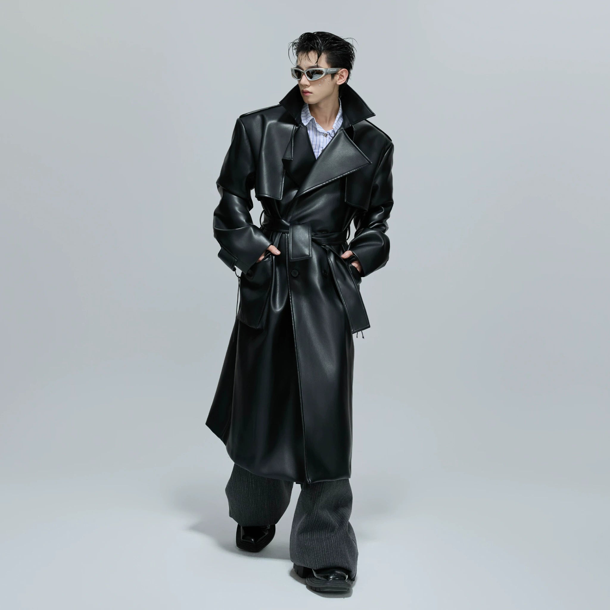 Black Deconstructed Faux Leather Trench Coat - main image 4