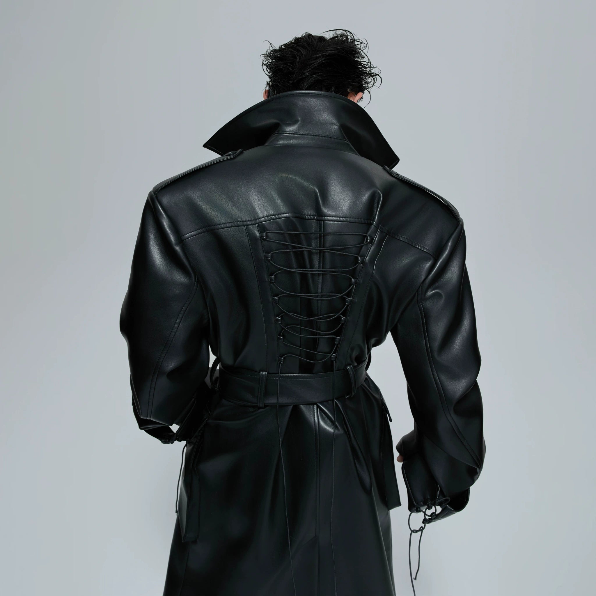 Black Deconstructed Faux Leather Trench Coat - main image 5