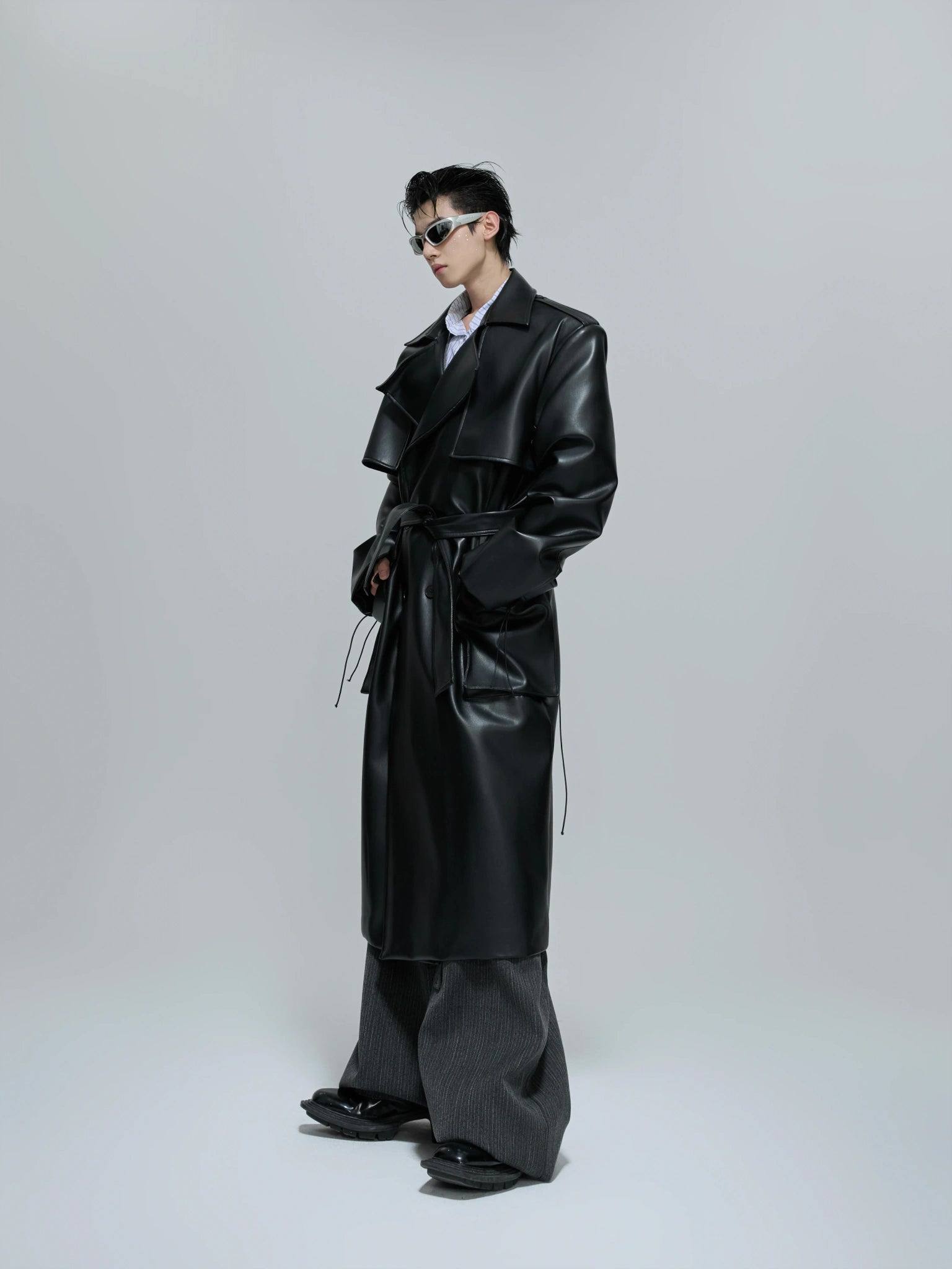 Black Deconstructed Faux Leather Trench Coat - Black Top