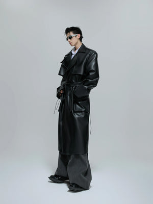Black Deconstructed Faux Leather Trench Coat - Black Top