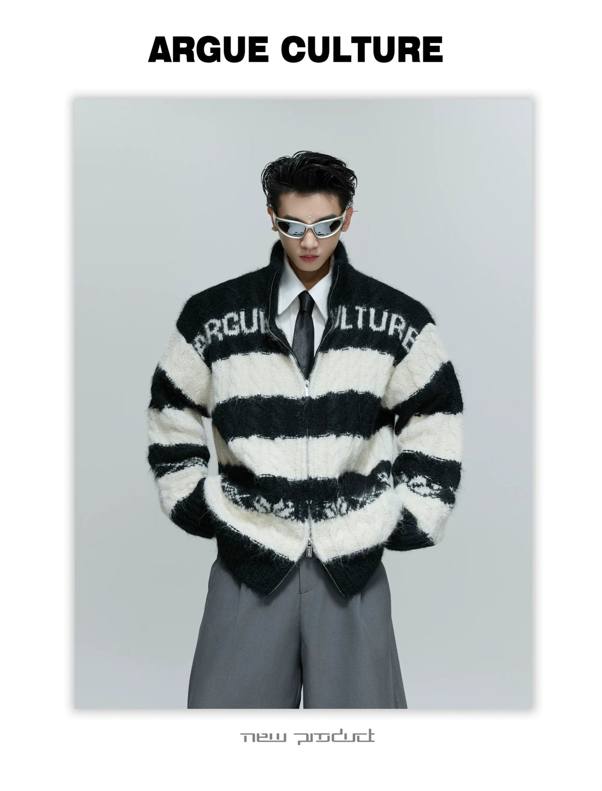 Color-Block Zip Knit Cardigan in Cotton-Wool Blend - description image 1
