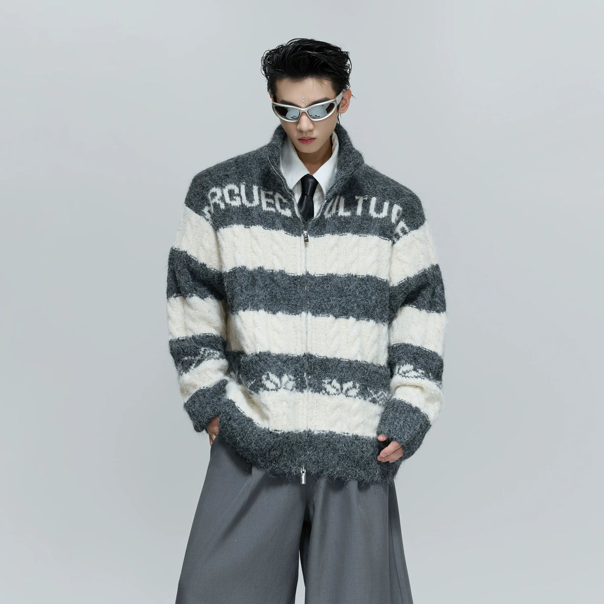 Color-Block Zip Knit Cardigan in Cotton-Wool Blend - main image 3