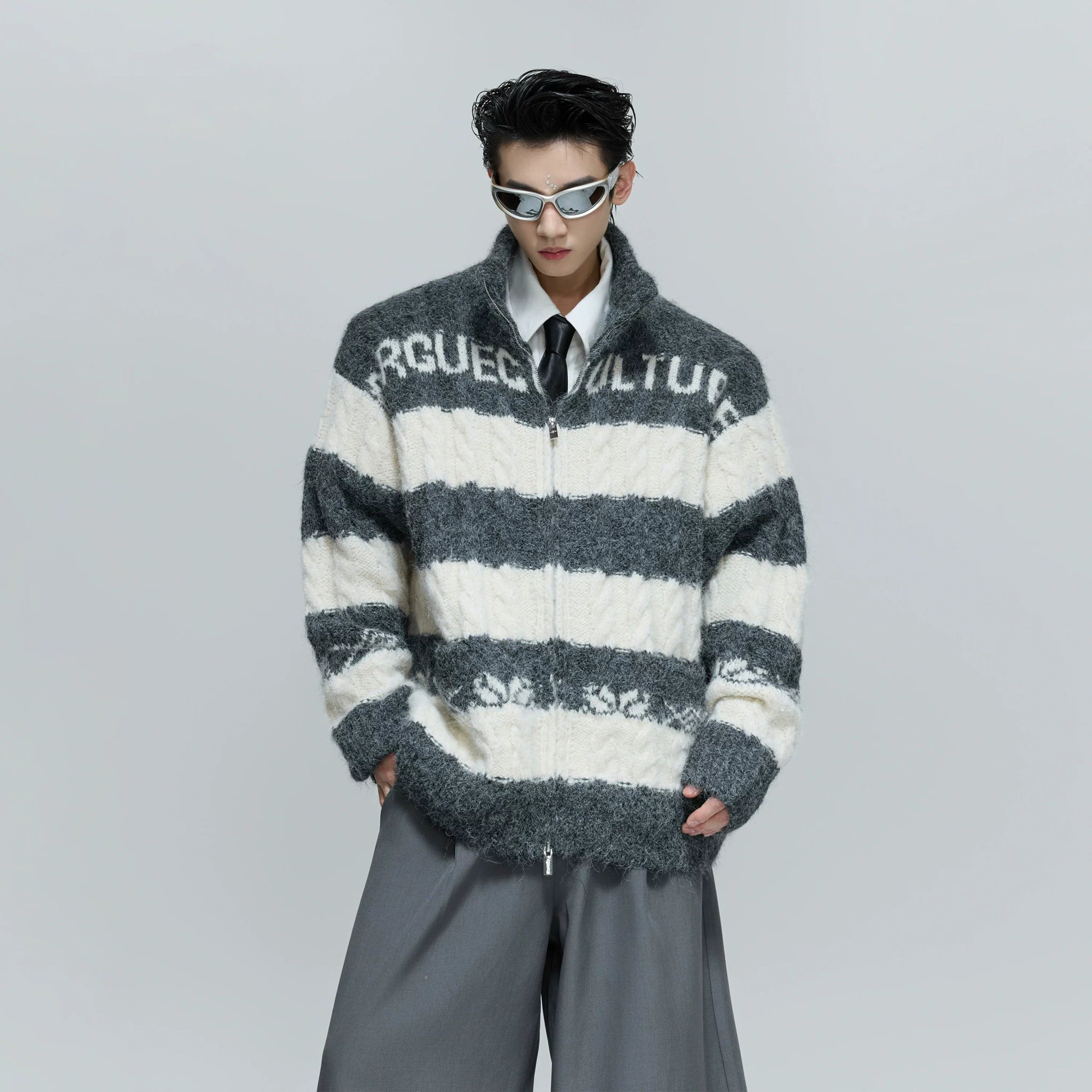 Color-Block Zip Knit Cardigan in Cotton-Wool Blend - main image 3