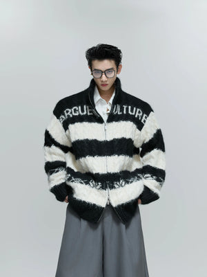 Color-Block Zip Knit Cardigan in Cotton-Wool Blend - Black Top