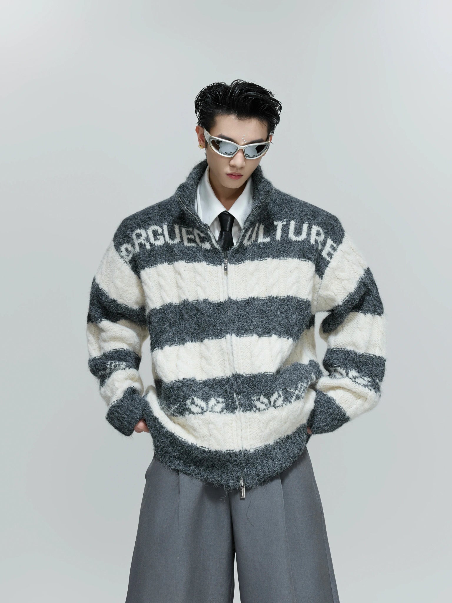 Color-Block Zip Knit Cardigan in Cotton-Wool Blend - Gray Top