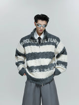 Color-Block Zip Knit Cardigan in Cotton-Wool Blend - Gray Top