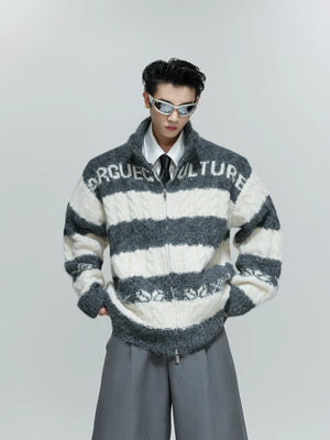 Color-Block Zip Knit Cardigan in Cotton-Wool Blend - Gray Top