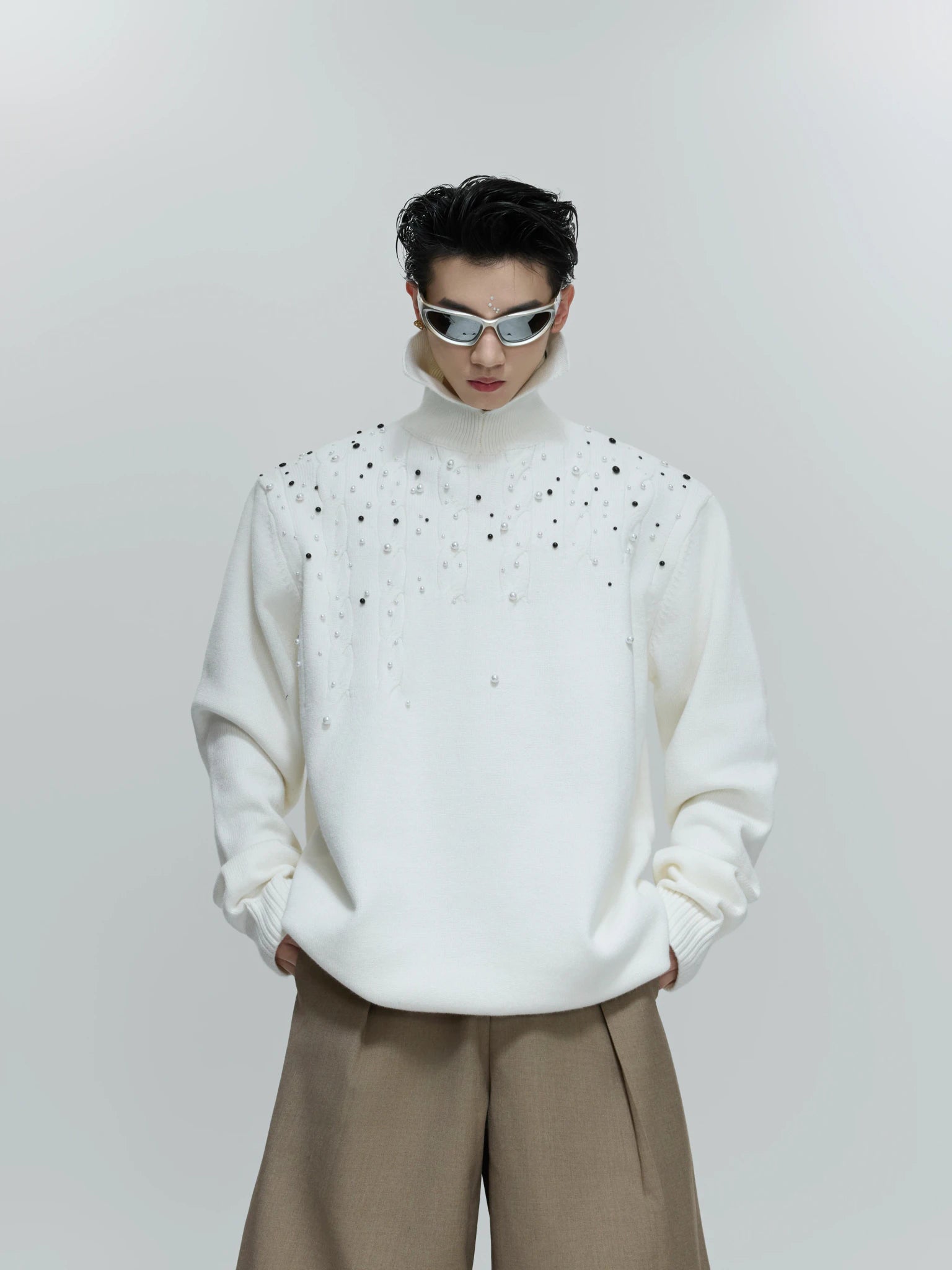 Pearl-Detail Cable-Knit Sweater | Relaxed Wool Blend - main image 2