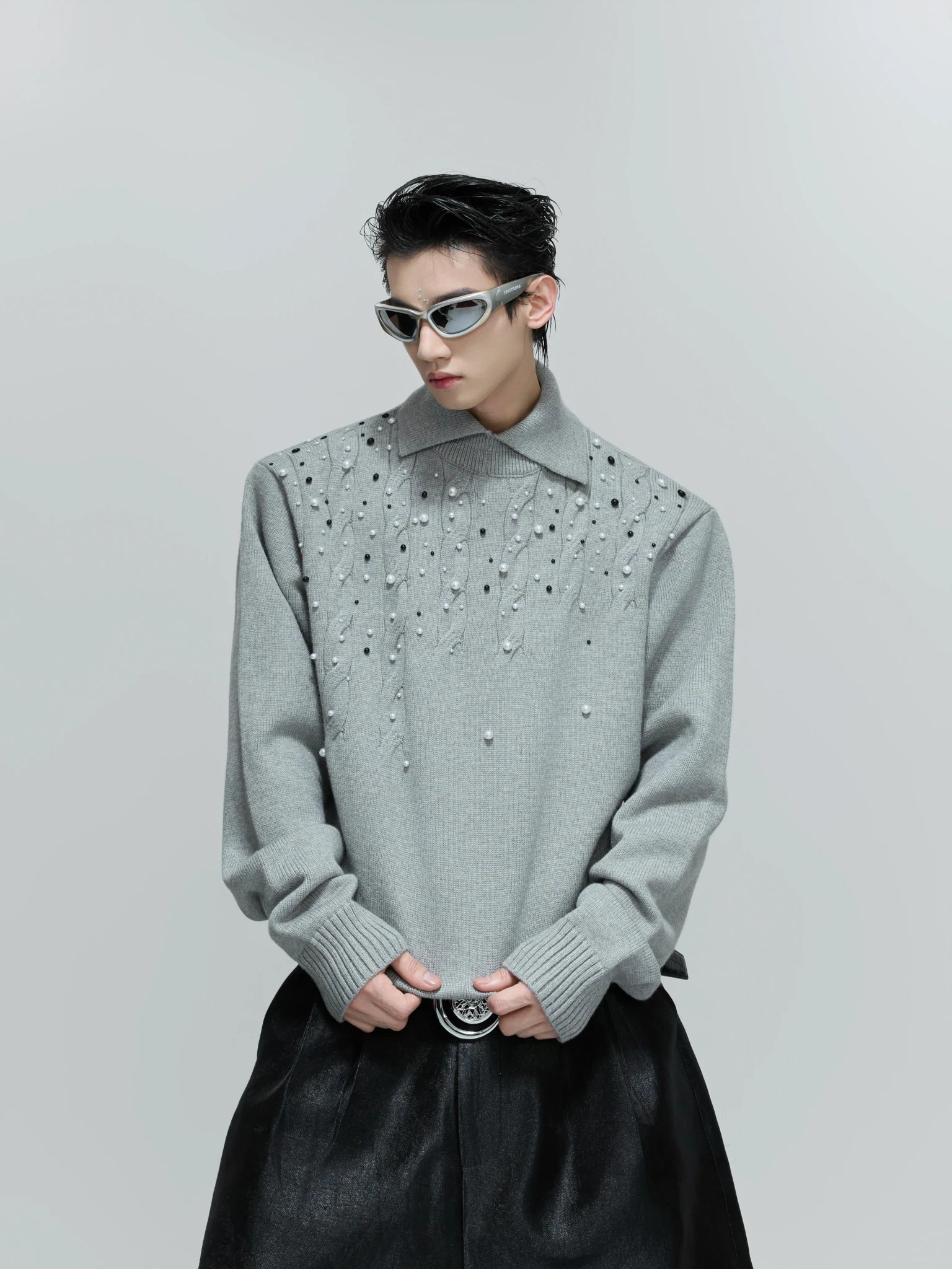 Pearl-Detail Cable-Knit Sweater | Relaxed Wool Blend - Gray Top