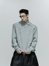 Pearl-Detail Cable-Knit Sweater | Relaxed Wool Blend - Gray Top