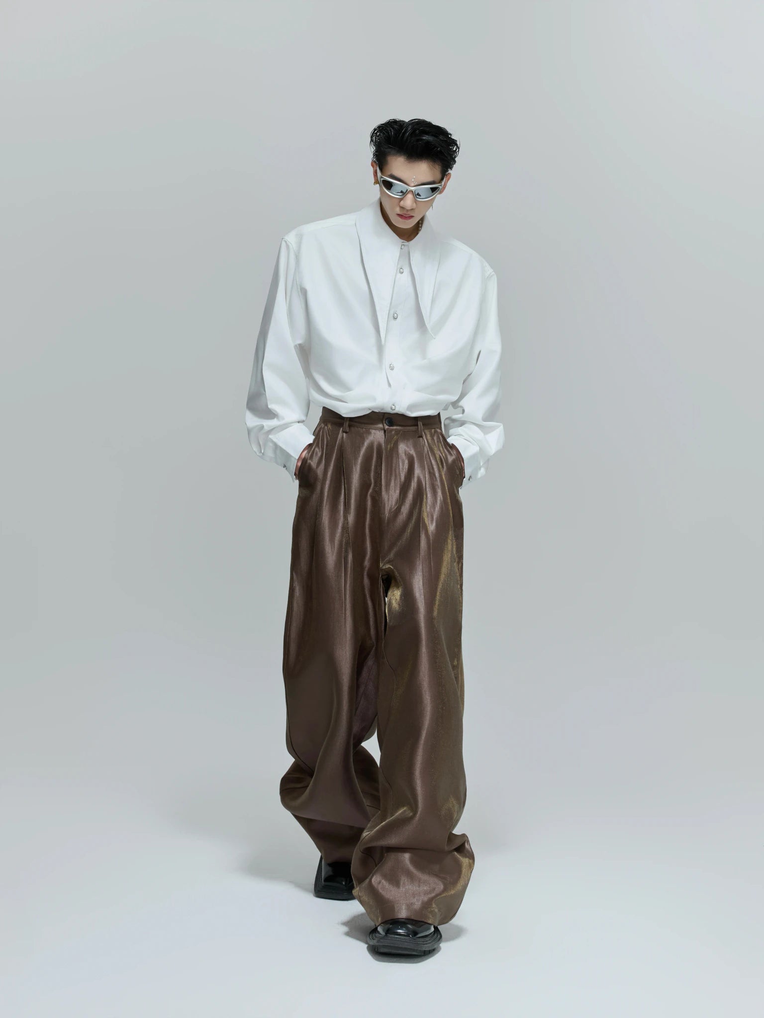 Pleated Wide-Leg Trousers | High-Waist Cotton Blend - main image 3