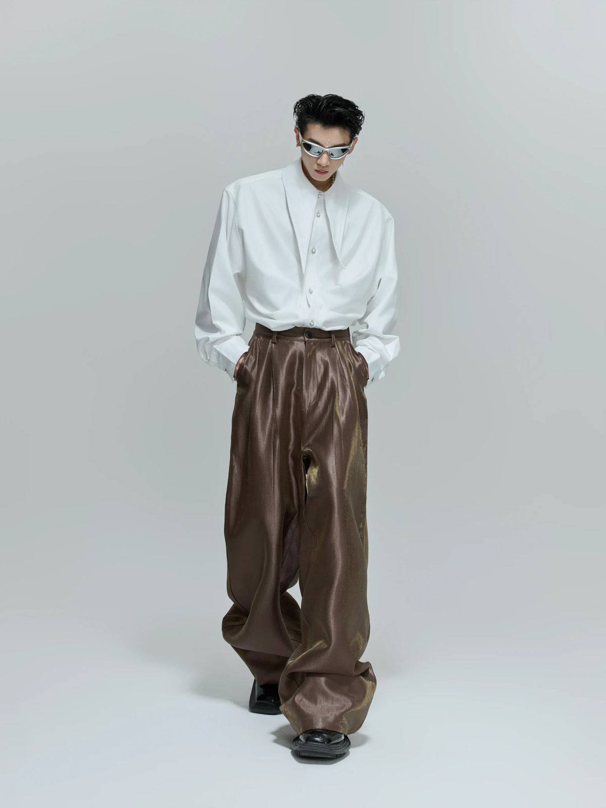 Pleated Wide-Leg Trousers | High-Waist Cotton Blend - main image 3
