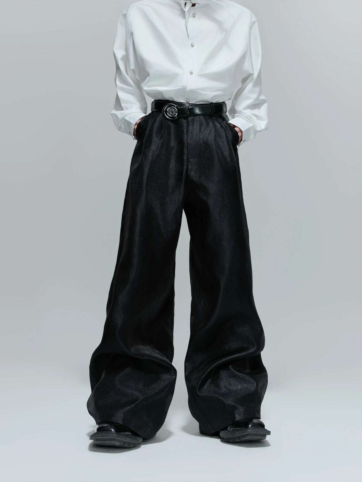 Pleated Wide-Leg Trousers | High-Waist Cotton Blend - Black